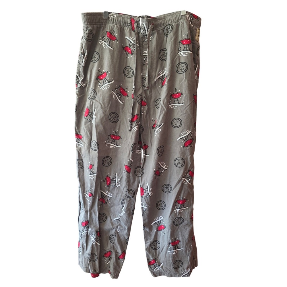 Life Is Good Pajama Pants L Mens‎ Grey BBQ Print Straight Leg Pockets Mid Rise